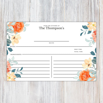 Personalized Floral Side Border (orange) - Set of 16 Recipe Cards