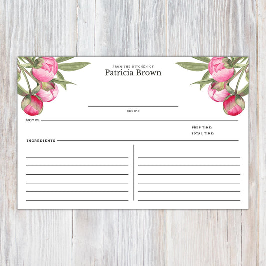 Personalized Pink Peony - Set of 16 Recipe Cards